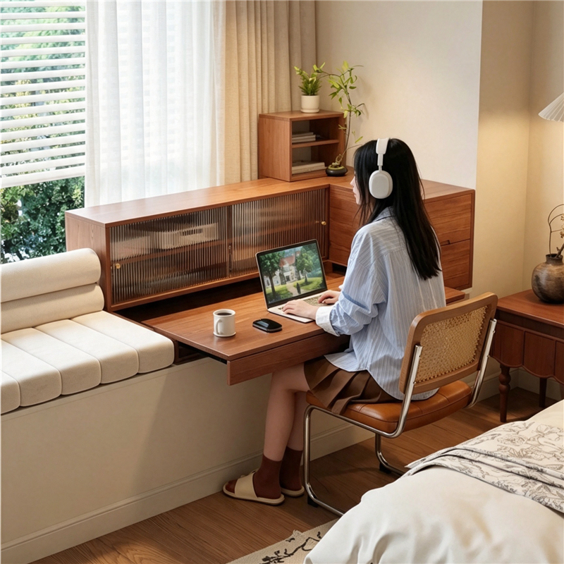 Solid Wood Bay Window Storage Cabinet, Bedroom Dressing Table, Integrated Storage Cabinet, Mid-Century Style Pull-Out Desk and Storage Rack