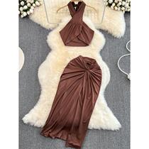 Women Fashion Summer Solid Skirts Suit Halter Sexy Cropped o