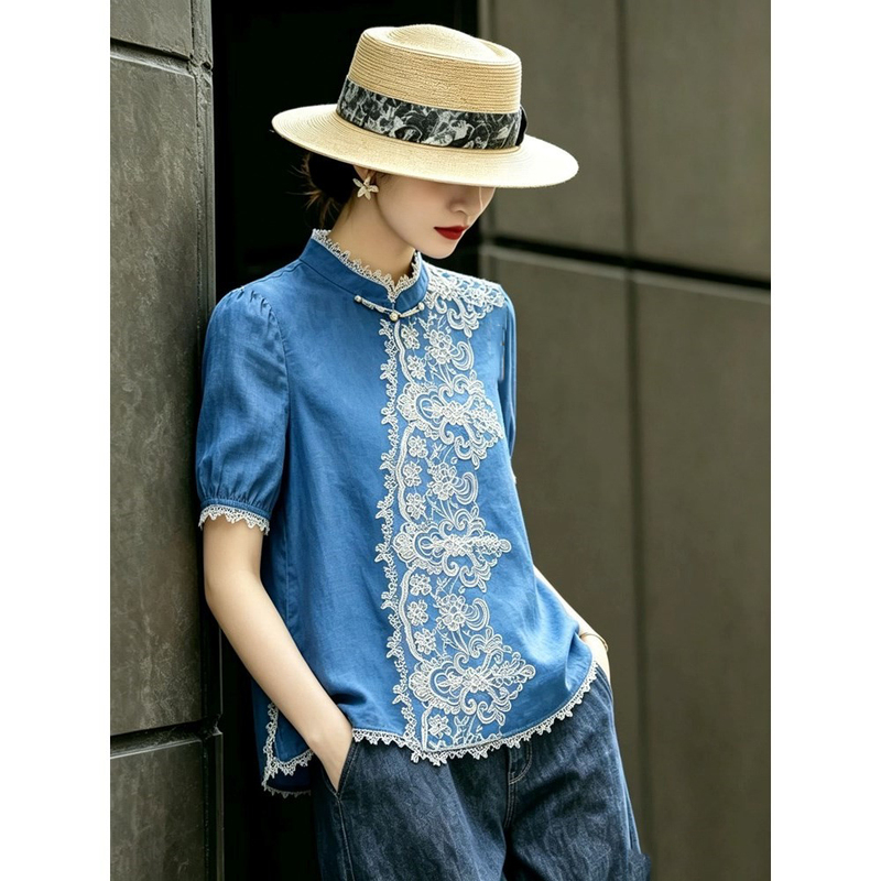 Ethnic Style Lace Short-Sleeved Shirt for Women, Summer Loose Slimming Blue Top, 2026 Summer Women's Fashion New Style Ethnic Style Lace Short-Sleeved Shirt for Women, Summer Loose Slimming Blue Top, 2026 Summer Women's Fashion New Style