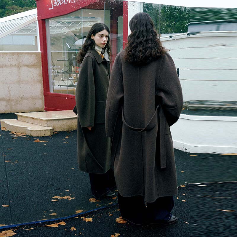 Cunbai Brown Woolen Coat for Women, Winter High-End Long Loose Gray Thick Woolen Coat