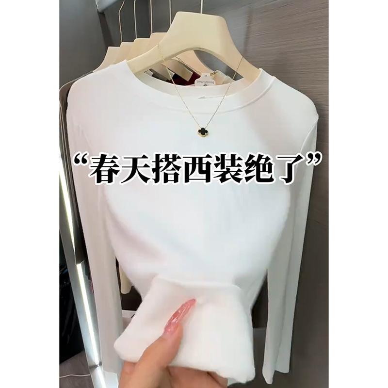 2026 Spring New White Regular Shoulder Round Neck Base Shirt for Women, Slim Fit, Stylish, Long Sleeve T-Shirt Top for Layering 2026 Spring New White Regular Shoulder Round Neck Base Shirt for Women, Slim Fit, Stylish, Long Sleeve T-Shirt Top for Layering