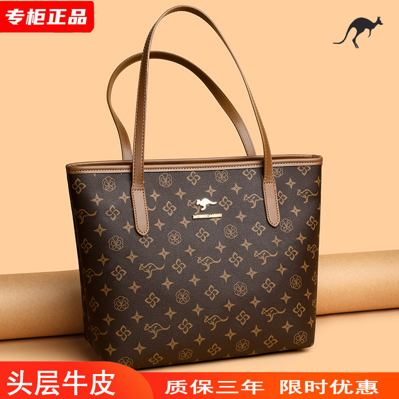 Брендовая кожаная сумка с принтом, новинка 2025 года, женская сумка-тоут большой емкости, высококачественная переносная сумка через плечо из воловьей кожи