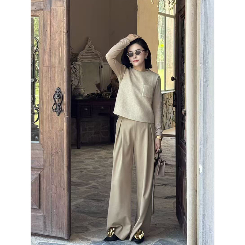 Yuan Yiling【Left Bank Afternoon】Wool Vest and Skirt Set Round Neck Oatmeal Color Minimalist Style Heavyweight 26 Autumn/Winter