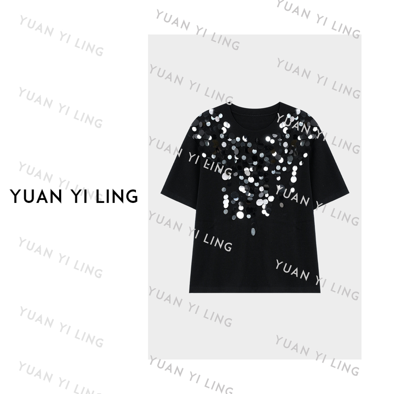 Yuan Yiling【Starry Sky】26 Autumn Round Neck Heavy Sequin Slimming Design Knitted T-Shirt