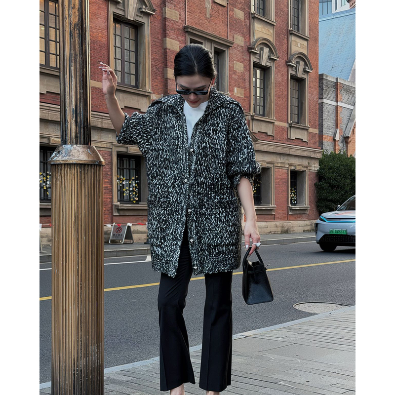 Yuan Yiling【Snowland】Wool Black Textured Yarn Chunky Knit Cardigan Jacket for Women, Autumn and Winter Style Yuan Yiling【Snowland】Wool Black Textured Yarn Chunky Knit Cardigan Jacket for Women, Autumn and Winter Style