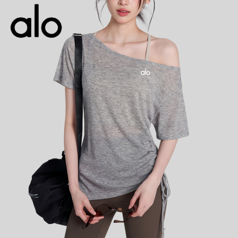 Aio Drawstring Loose Fitness Top Women's Yoga Wear Cover-Up Stunning Pilates Training Wear Sports Short-Sleeve Summer