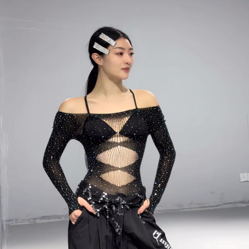 Dance-Specific Jazz Top for Women, Jazz Clothing, Heels Outfit, Mesh with Rhinestones, Sexy High-Elasticity Crotchless Long Sleeves Dance-Specific Jazz Top for Women, Jazz Clothing, Heels Outfit, Mesh with Rhinestones, Sexy High-Elasticity Crotchless Long Sleeves