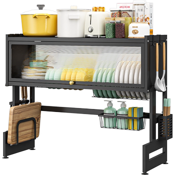 Kitchen sink storage rack, dish drain rack with cabinet door, bowl countertop, dustproof cabinet, water basin, bowl rack storage