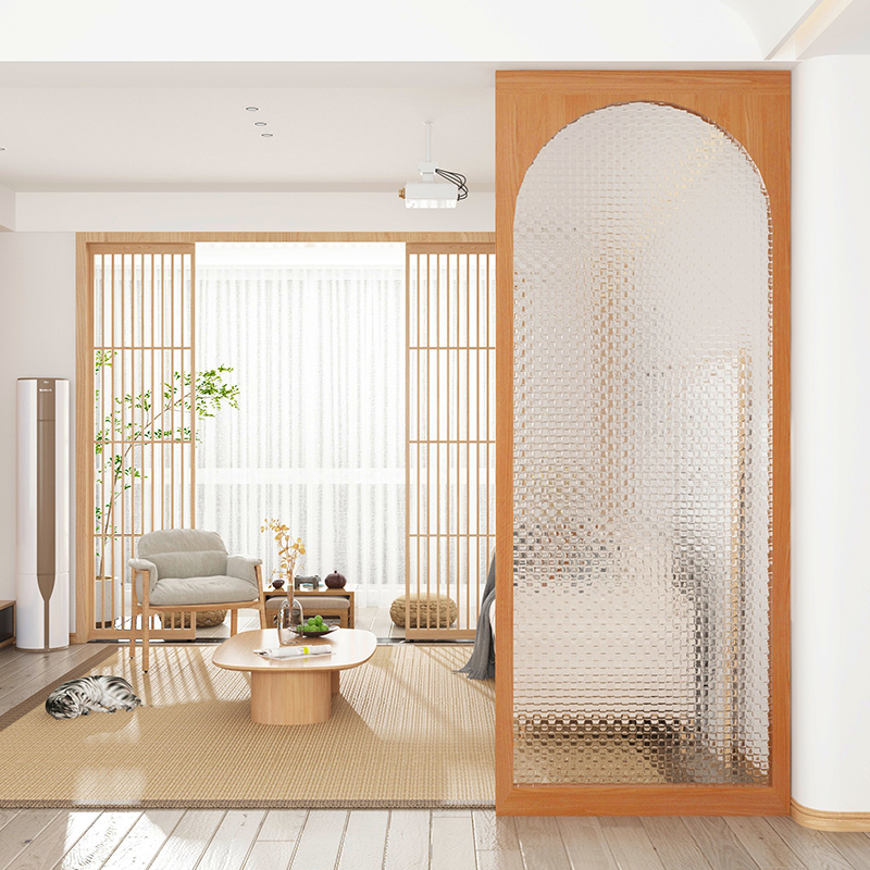 New Chinese solid wood screen partition Japanese style entry to the door and iridescent glass partition wall cream wind living room-Taobao