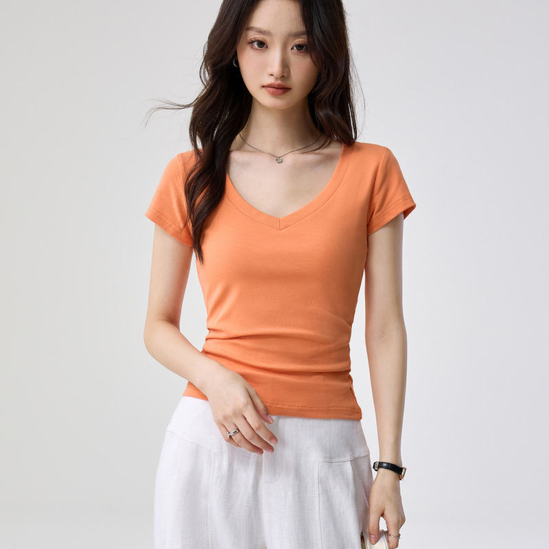 High-Quality Pure Cotton Deep V-Neck Short-Sleeve T-Shirt for Women, Summer Simple Versatile Slim-Fit Base Top with Regular Shoulders