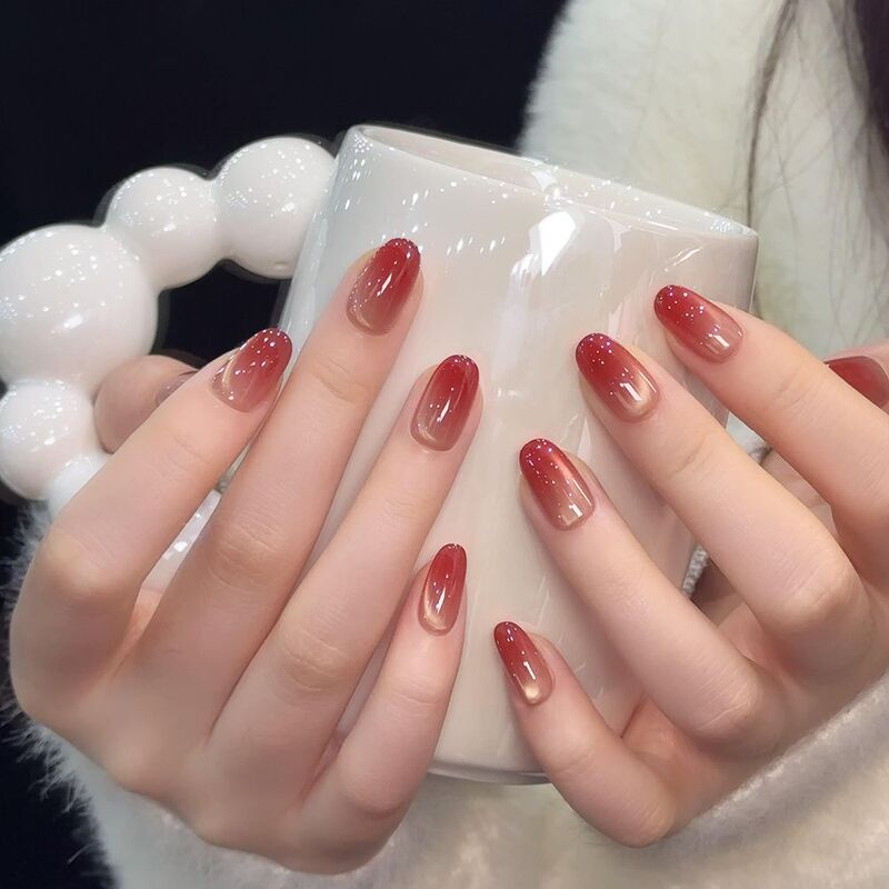 Cherry Cat-Eye Press-On Nails, Red Gradient Glass Bead Fake Nails, Wine Red, Brightening, Short Style, Press-On Nails for New Year Cherry Cat-Eye Press-On Nails, Red Gradient Glass Bead Fake Nails, Wine Red, Brightening, Short Style, Press-On Nails for New Year