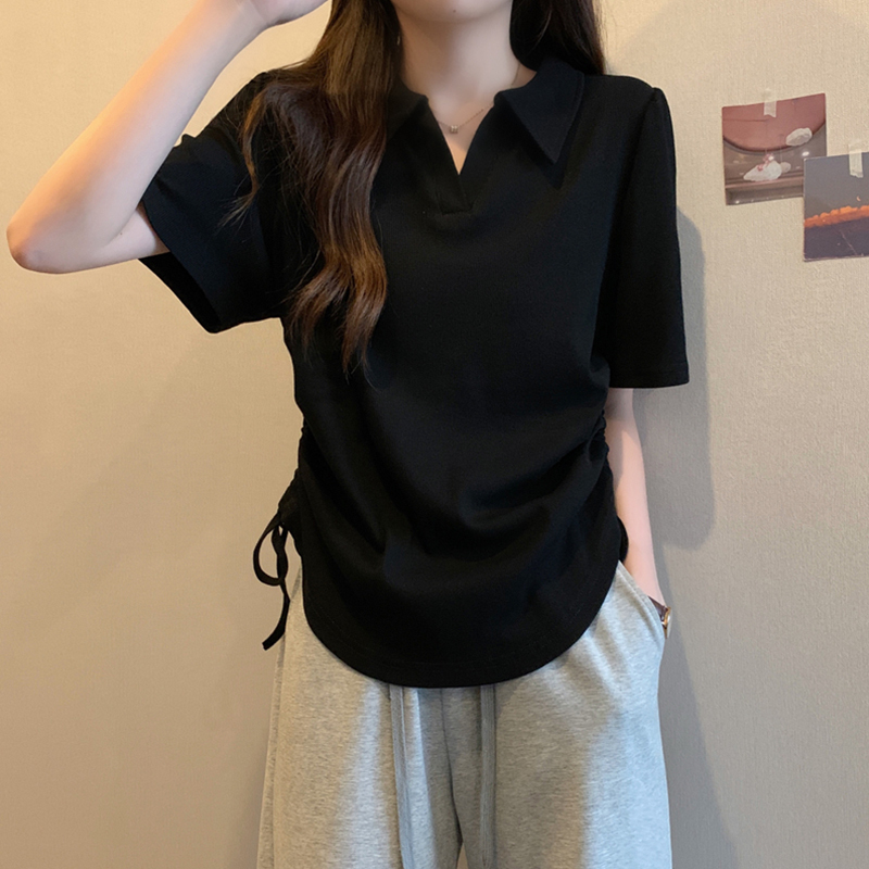 Polo Collar Drawstring Design Short-Sleeve T-Shirt for Women, Plus-Size Fashion Outfit That Hides the Figure and Makes You Look Slimmer, New Summer Top
