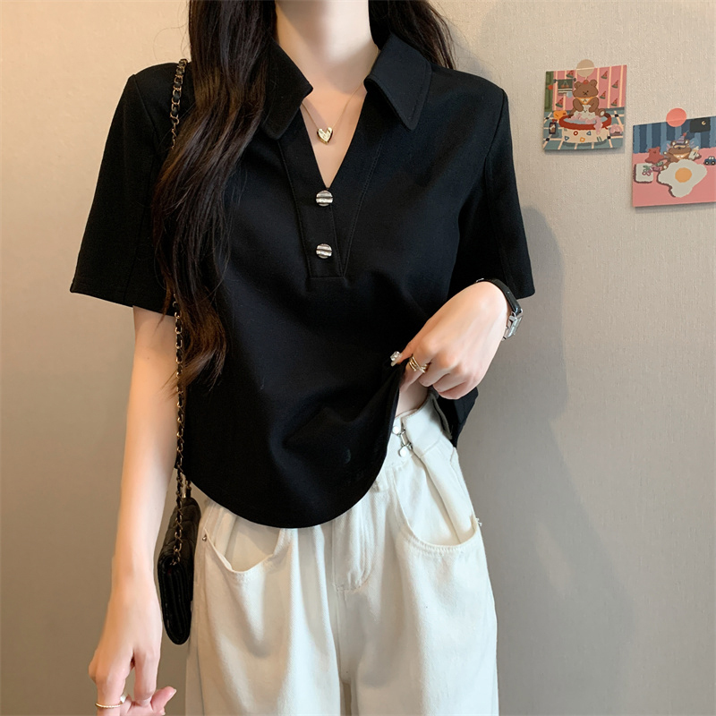 V-Neck Plus-Size Polo Shirt for Women, Irregular Short-Sleeve T-Shirt, Pure Cotton Fabric, Summer New Style Top
