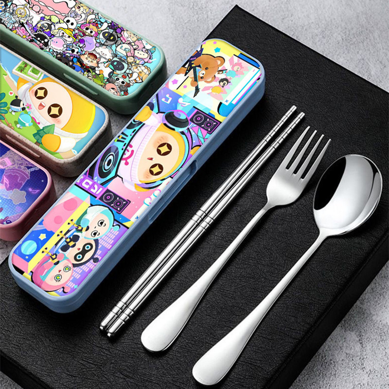 Cutlery Box Set for Kids: Spoon, Fork, Chopsticks Three-Piece Set for Elementary School Students' Lunchbox, Convenient Cutlery Storage Box for Boys Cutlery Box Set for Kids: Spoon, Fork, Chopsticks Three-Piece Set for Elementary School Students' Lunchbox, Convenient Cutlery Storage Box for Boys