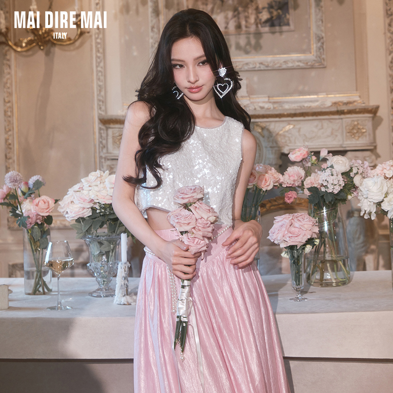 Xie Na's Same Style Mai Dire Mai Bow Sequin Elegant Top High-Waisted Large Umbrella Skirt Women's Summer Fashion Suit