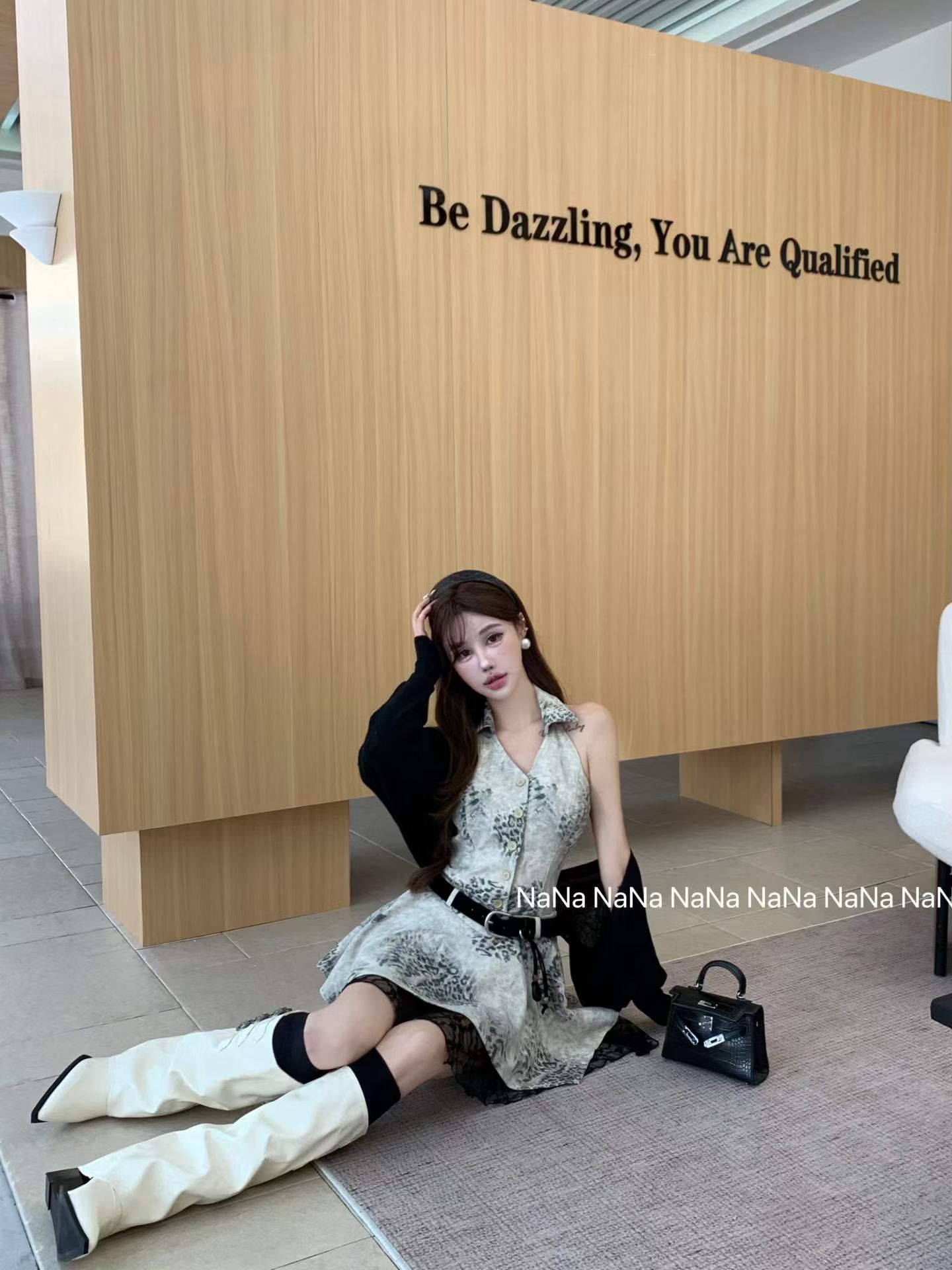 2026 가을 레트로 레오파드 무늬 V넥 패치워크 레이스 행침 목 슬립 드레스 숄 세트 벨트 포함 상세 이미지 5