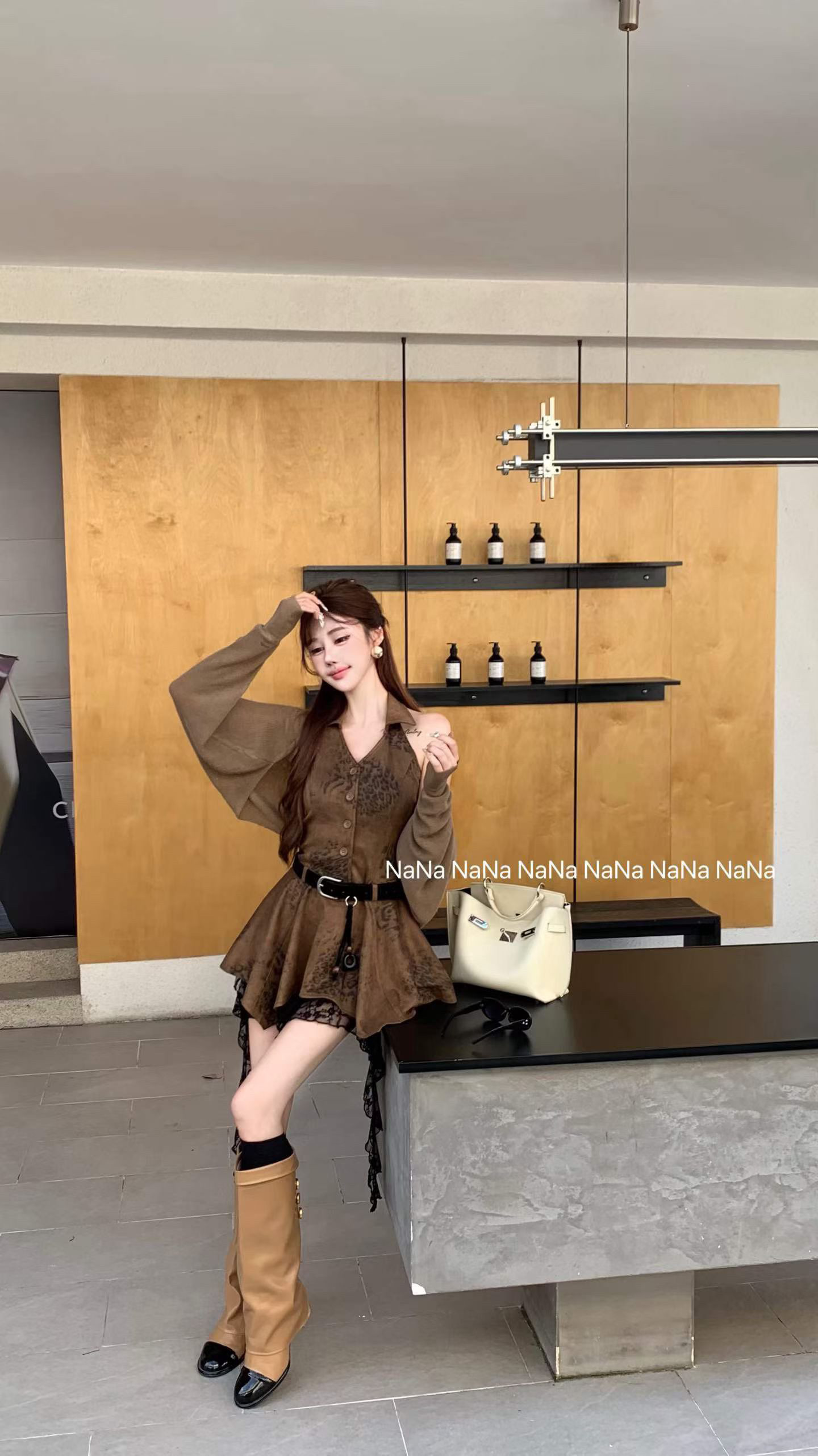 2026 가을 레트로 레오파드 무늬 V넥 패치워크 레이스 행침 목 슬립 드레스 숄 세트 벨트 포함 상세 이미지 7
