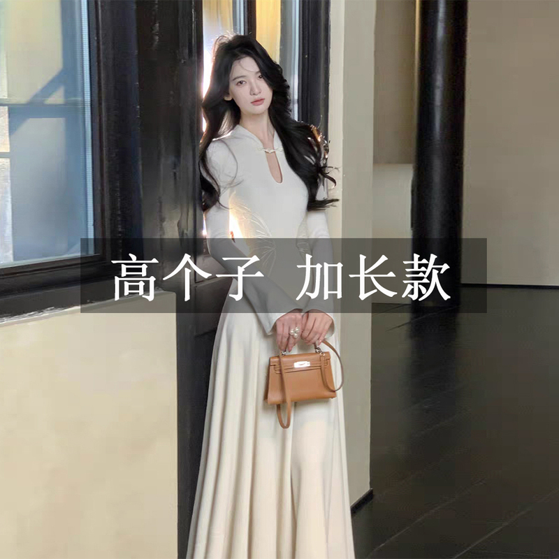 Tall 172cm Extended Version Autumn New Chinese-Style Retro Embroidered Dress, Gentle and Elegant, Waist-Cinching, Slimming Long Dress