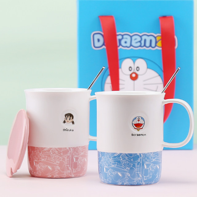 Doraemon mug ceramic blue fat jingle cat cup internet celebrity with lid spoon couple coffee cup birthday gift