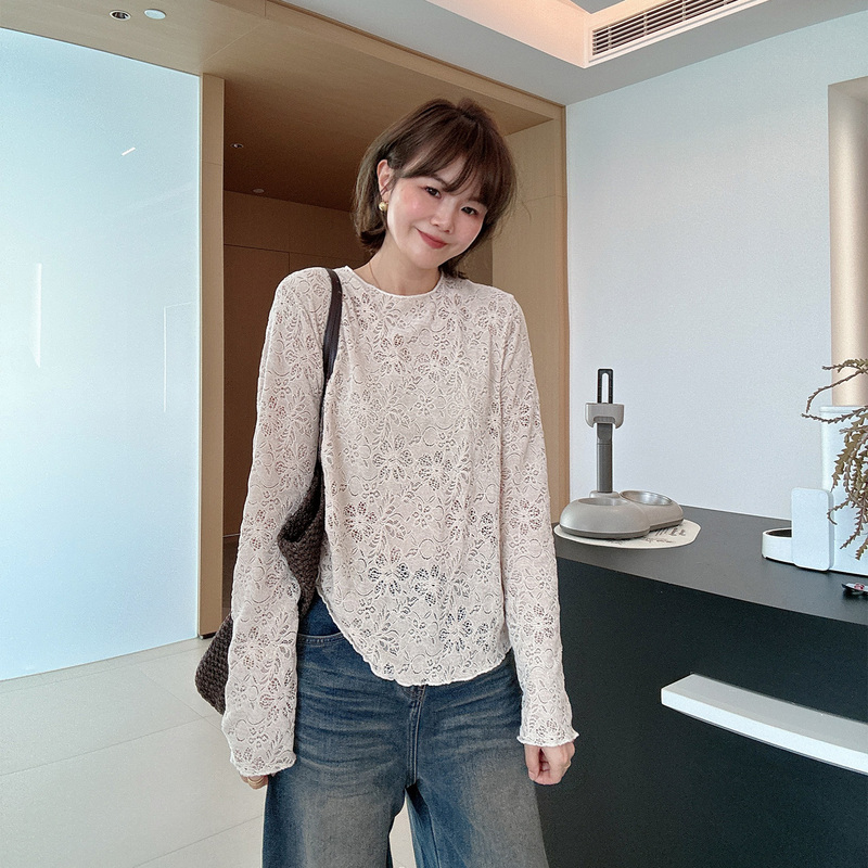 New Autumn and Winter Round-Neck Slimming and Elegant Three-Dimensional Carved Long-Sleeved Lace Bottoming Shirt New Autumn and Winter Round-Neck Slimming and Elegant Three-Dimensional Carved Long-Sleeved Lace Bottoming Shirt