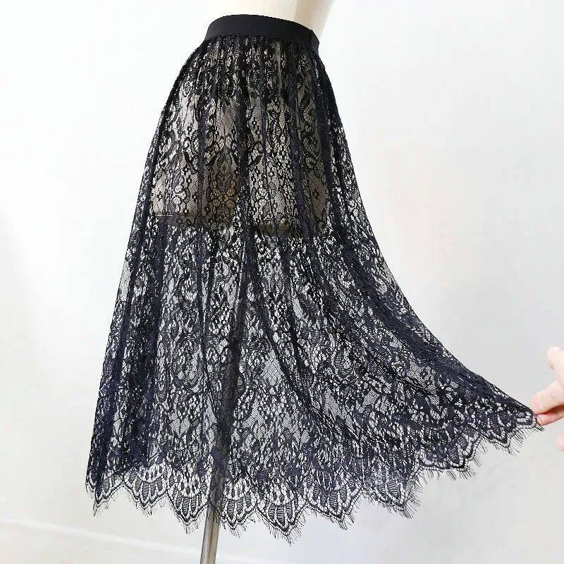 Women Sexy Mesh Lace Transparent Long Tulle Skirt Korean Fas