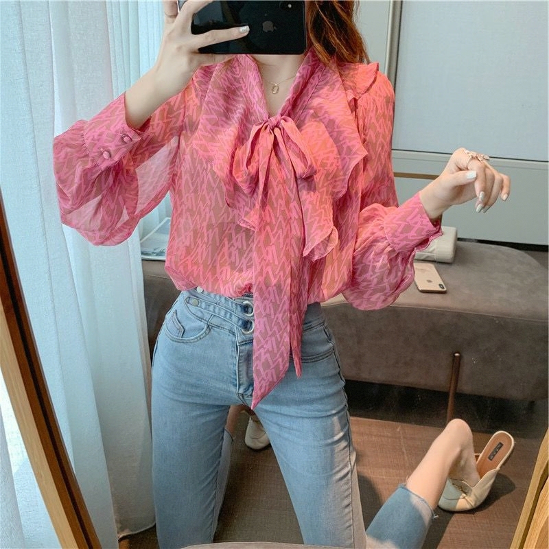 2026 Spring and Autumn New Chiffon Blouse for Women, Long Sleeve with Ribbon Print and Bow, Versatile and Slimming