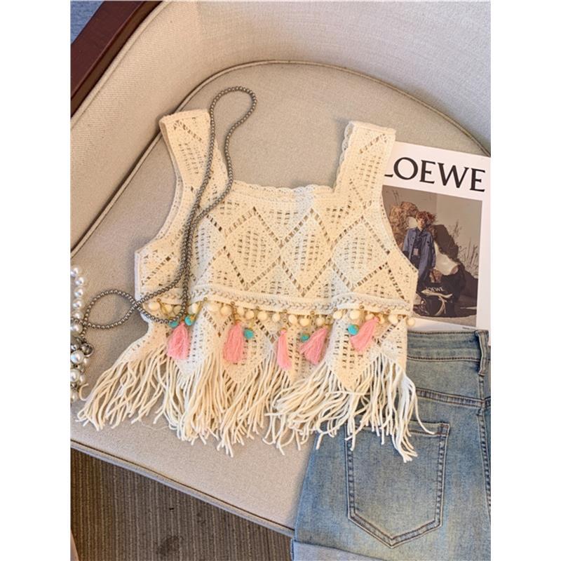 Bohemian Style Hollow-Out Tassel Top for Women, Summer Vintage Knitted Camisole, High-End European Style Chic Blouse Bohemian Style Hollow-Out Tassel Top for Women, Summer Vintage Knitted Camisole, High-End European Style Chic Blouse