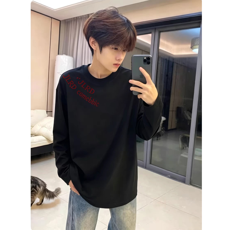 National Trend Pure Cotton Heavyweight American-Style Regular Shoulder Long-Sleeve T-Shirt for Men, Autumn 2026 New Black Base Layer Top