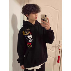 Chinese Trendy American High Street Black Hooded Sweatshirt Male Fleece-lined thickened Loose Heavy weight pure cotton Youth Outwear Autumn