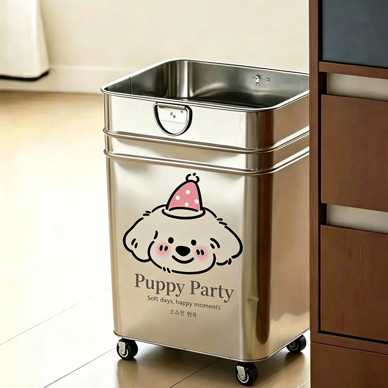Cartoon Dog-Shaped Trash Can with Wheels, Household Stainless Steel, Large Capacity, High Aesthetic Value, Suitable for Bedroom, Living Room, Kitchen, Movable Cartoon Dog-Shaped Trash Can with Wheels, Household Stainless Steel, Large Capacity, High Aesthetic Value, Suitable for Bedroom, Living Room, Kitchen, Movable