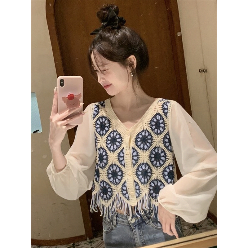 Korean Style Sweet and Chic Commuter Style Retro Chanel-Inspired Tassel Hollow-Out Knit Chiffon Lace Long-Sleeve Shirt for Spring and Autumn Korean Style Sweet and Chic Commuter Style Retro Chanel-Inspired Tassel Hollow-Out Knit Chiffon Lace Long-Sleeve Shirt for Spring and Autumn
