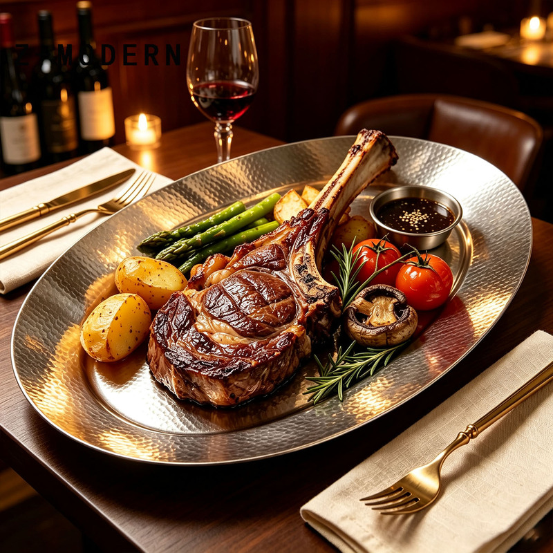 High-End King Crab and Australian Lobster Tableware Seafood Platter, Battle-Axe Steak, Hand-Hammered Plate, Same Style as Black Pearl Restaurant High-End King Crab and Australian Lobster Tableware Seafood Platter, Battle-Axe Steak, Hand-Hammered Plate, Same Style as Black Pearl Restaurant