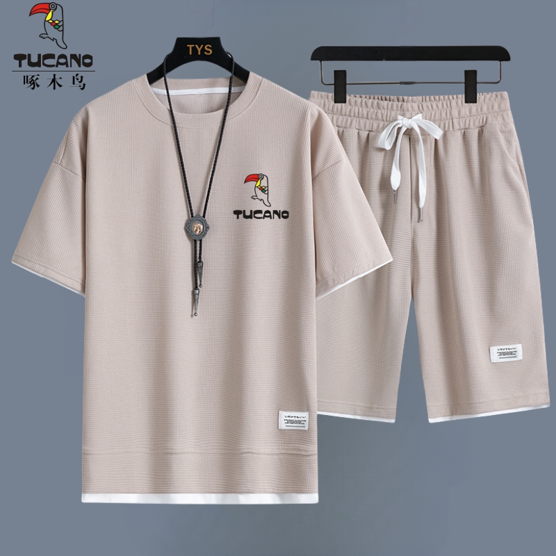 Woodpecker Waffle Short-Sleeve Shorts Set Summer T-Shirt Trendy Casual Sports Men's Two-Piece Set Ice Silk Clothing