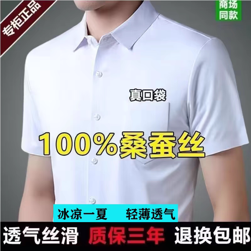 Summer High-End Men's Business Casual Pocket Solid Color Thin Silk Short-Sleeve Shirt, Wrinkle-Free and Seamless Shirt