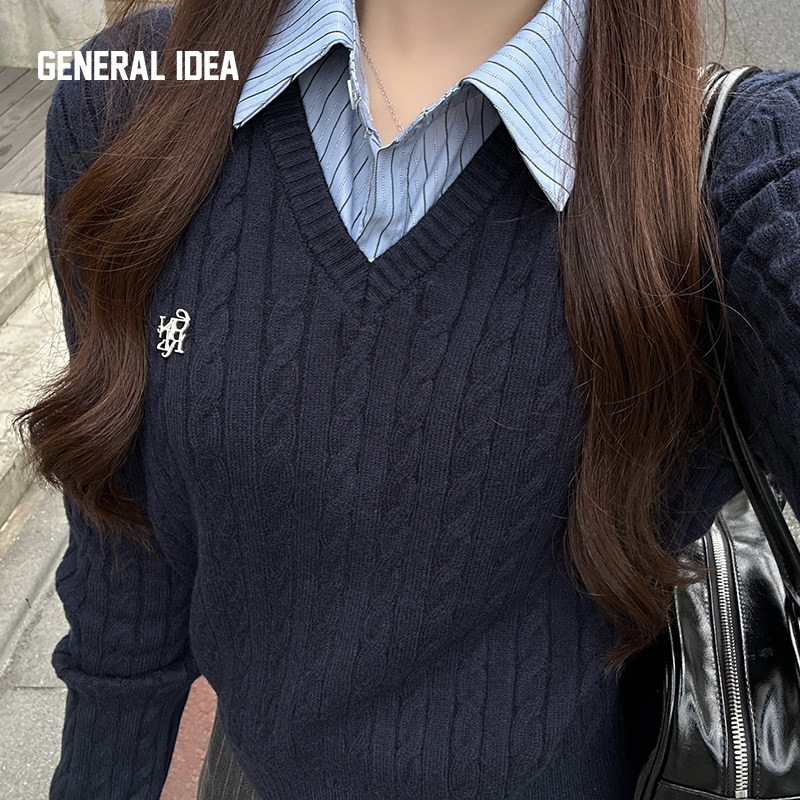 【现】General idea 老钱风毛混纺麻花针织V领毛衣5504