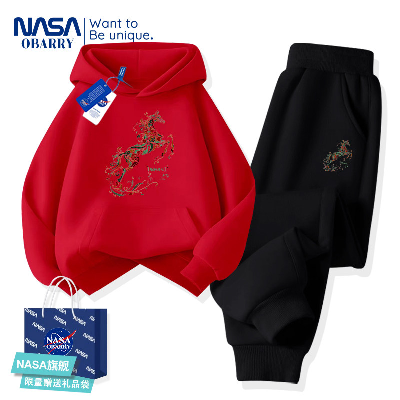 Совместный бренд NASA "Год лошади", красный свитер для мальчиков, новинка 2026 года, детская спортивная одежда для девочек, бархатный костюм-двойка