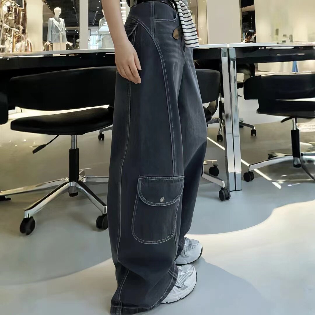 AMASS/阿玛施新款复古大口袋宽松垂感潮酷工装阔腿牛仔裤女510089