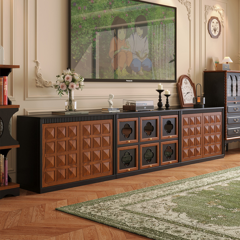 Original French-Style Solid Wood Vintage Floor-Standing Tv Cabinet Modular Combination Cabinet with Skeleton Lines and Retro Storage