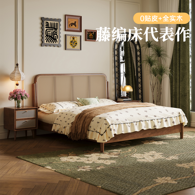 Medieval-Style Solid Wood Bed, Rattan Bed, Double Bed 1.8X 2m for Small Apartments, 1.2m Single Bed for Guesthouses, Simple Retro Bed