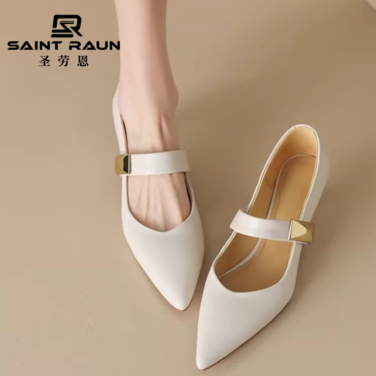 French-Style Elegant and Sexy Pointed-Toe Single Shoes with Kitten Heels, Spring and Autumn Sheepskin Shoes to Match Skirts, Mary Jane Commuter High Heels, Genuine Leather Women's Shoes