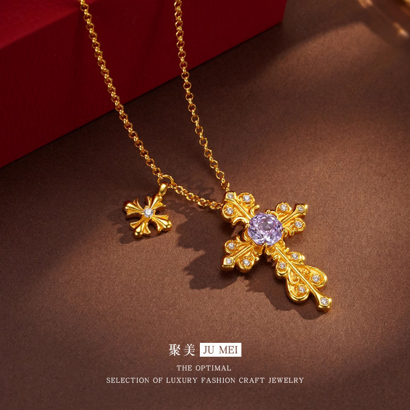 Vietnamese Sand Gold Vintage Style High-End Micro-Inlaid Purple Zircon Iris Flower Retro Palace Cross Necklace Set