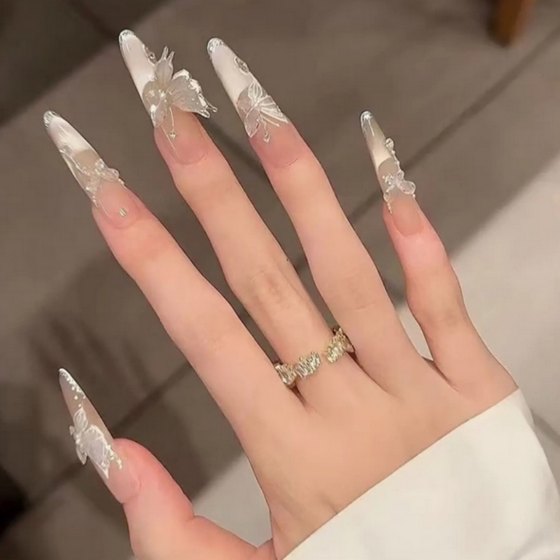 Purely Handmade Children's Nail Art for Girls, Pure Handmade Ice Dew Morning Butterfly Cat Eye Butterfly Nail Stickers, Extra Long Style