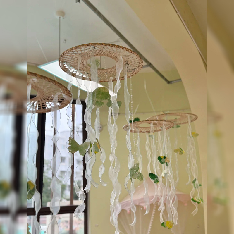 Forest-Themed Decoration for Kindergarten, Bamboo Crafts, Fishtail Yarn Ribbon Hanging Ornaments, Aerial Hanging Decorations, Classroom Decoration