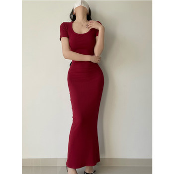 Rich Girl Vibe~ Sexy Hottie U-Neck Short-Sleeve Solid Color Bodycon Dress Slimming Long Dress