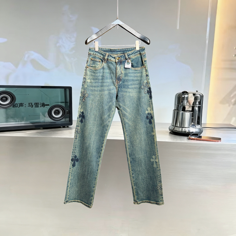 2026 Autumn/Winter New Trendy Retro Washed Cross Print Straight-Leg Jeans Men's Embroidered Loose Trousers 2026 Autumn/Winter New Trendy Retro Washed Cross Print Straight-Leg Jeans Men's Embroidered Loose Trousers