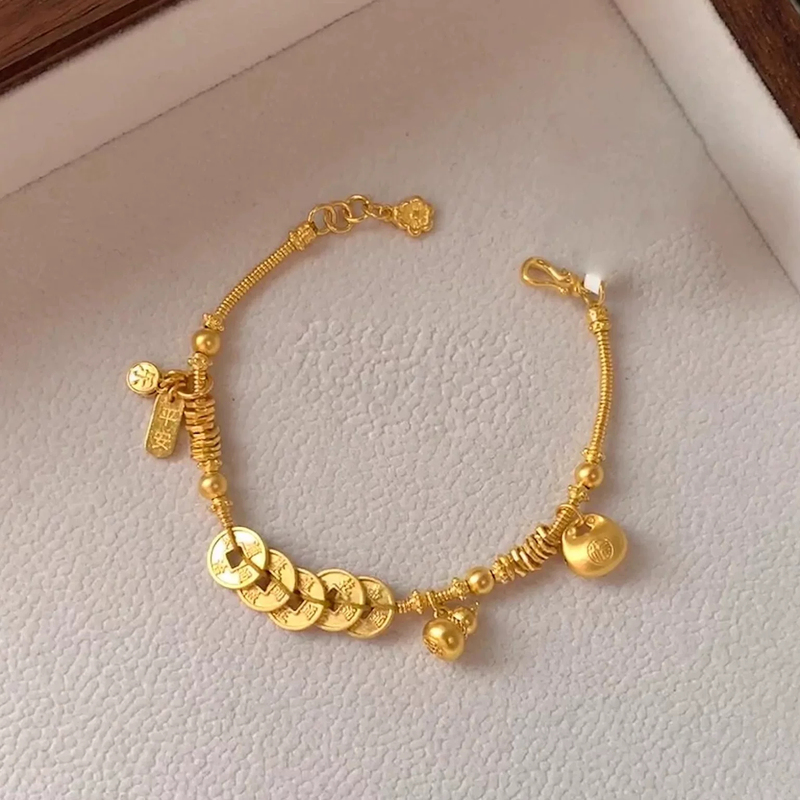 Gold-Plated Silver Five Emperors Coin Gourd-Shaped Copper Coin Bracelet for Women, Youthful Luxury Niche High-End Style, Gift for Girlfriend