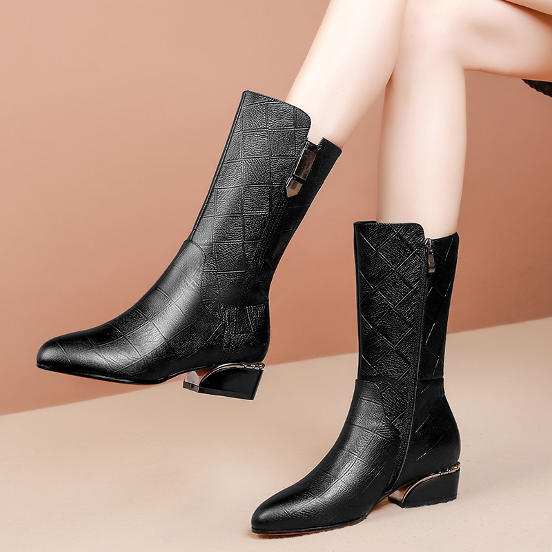 2026 Autumn and Winter New Style Pointed Toe Mid-Calf Boots for Women, Genuine Leather Boots, Thick Heel, Soft Leather, Low Heel, Black, Fleece-Lined Mom Shoes