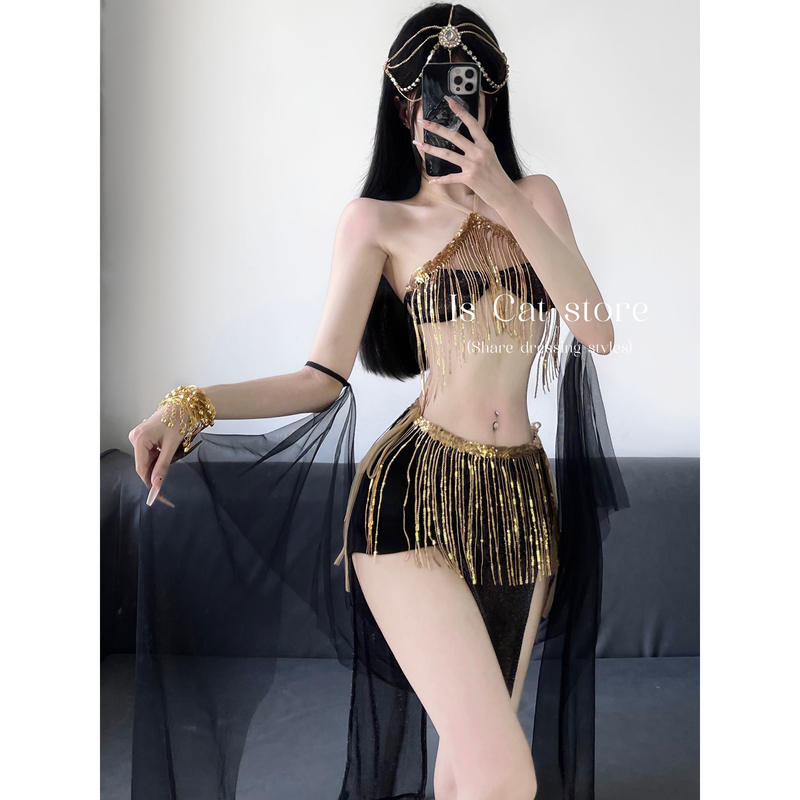 Is Cat: Exotic Dancer Sexy Tassel Sequin Slit Lace-Up Skirt Bellyband Fine Glitter Soft Gauze Uniform Set