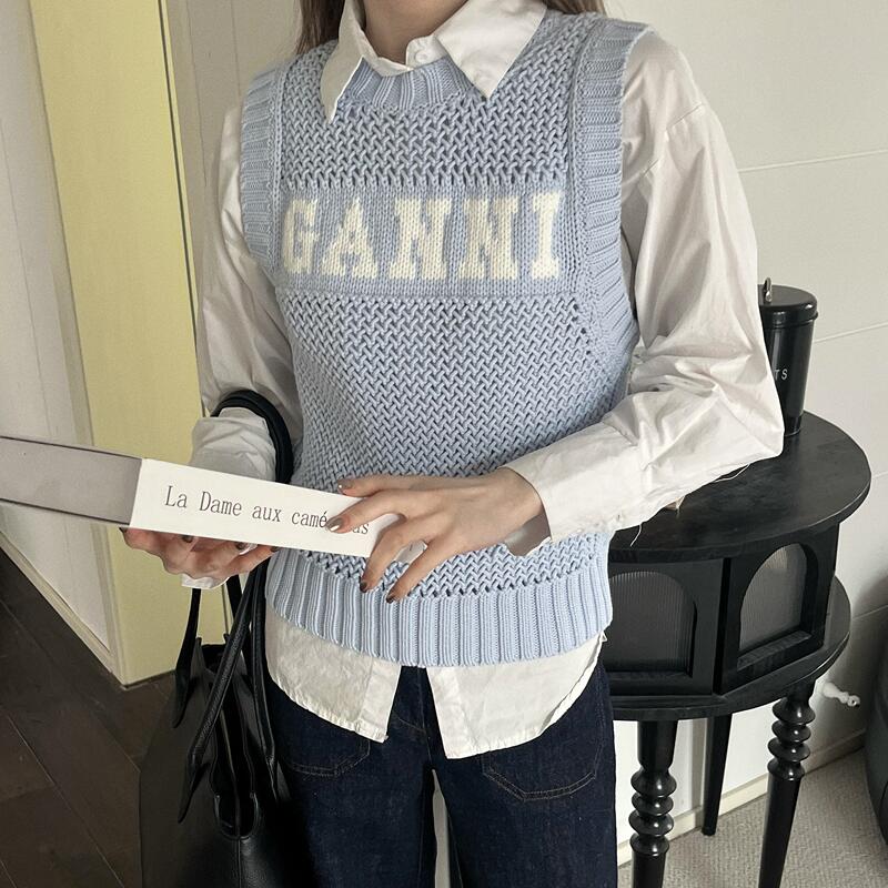 *In Stock* 4Zhe Ganni Letter Logo Embroidery Sleeveless Round Neck Knitted Vest Top