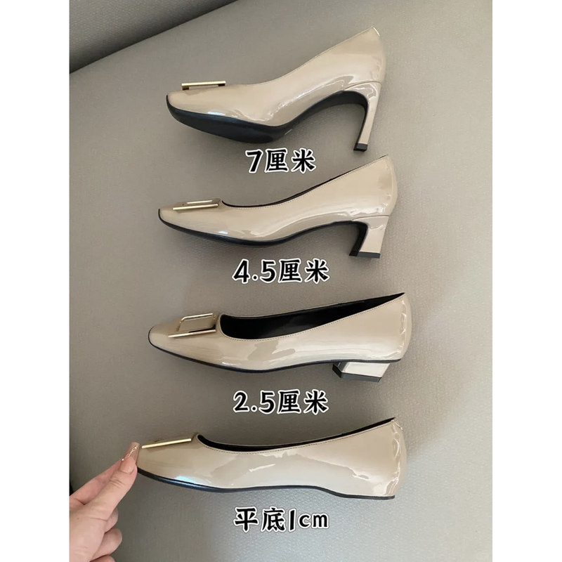 Upgraded Version! 2025 Four Seasons French-Style Shallow Mouth Stiletto Square Buckle Single Shoes for Women, Mid-Heel Elephant Gray High Heels, Commuting Shoes